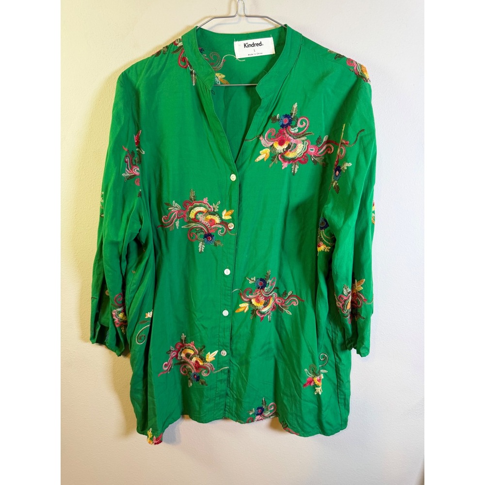 Kindred Womens Button Down Shirt Floral Embroidery Green Large